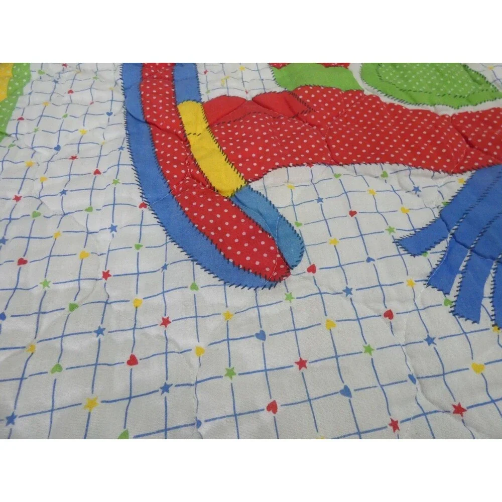 VTG Handmade Baby Blanket Quilt Nursery Rocking Horse Rainbow Ruffle 42